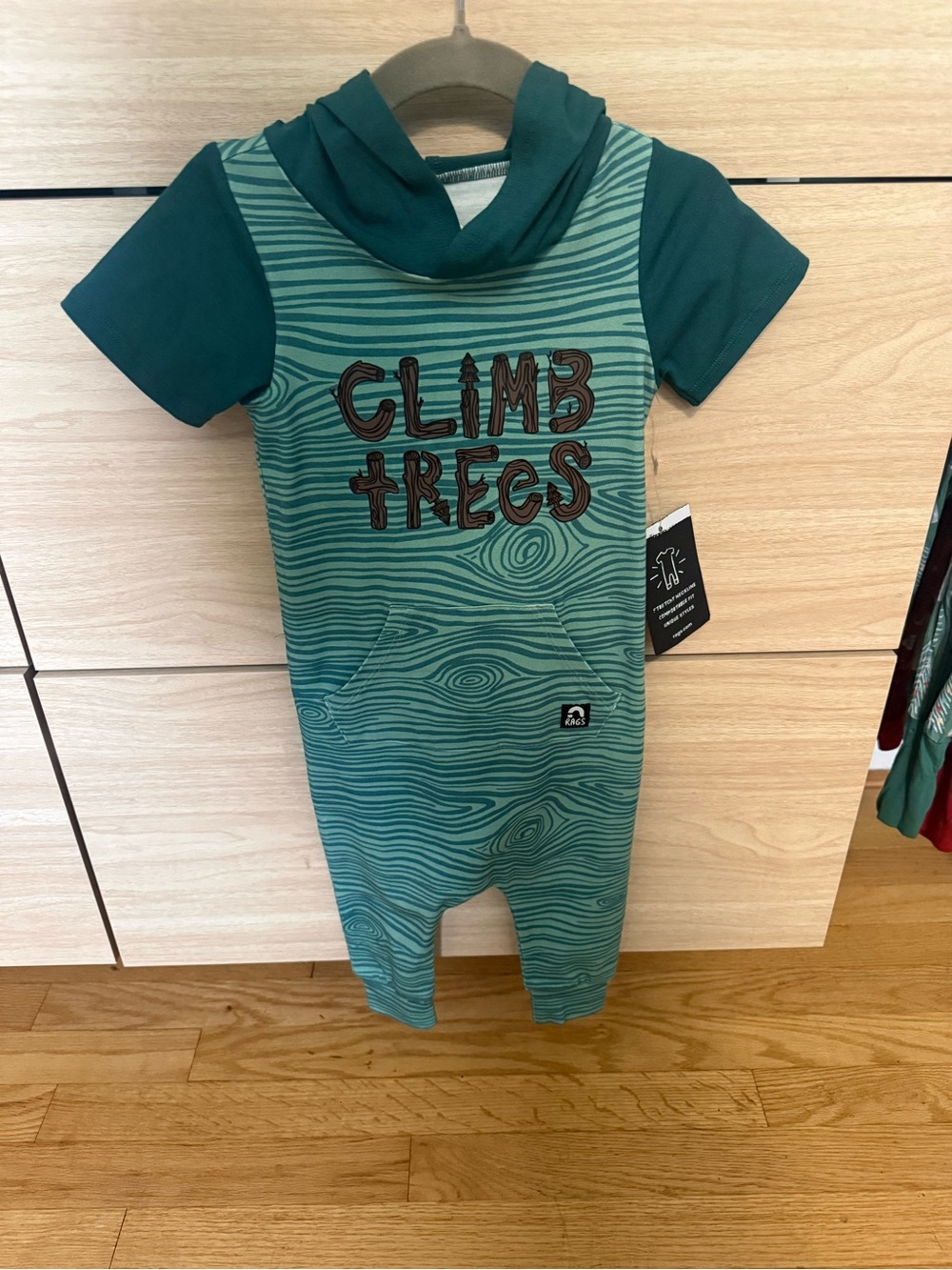 RAGS Short Sleeved Green hooded Romper with Climb Trees Print 12–18